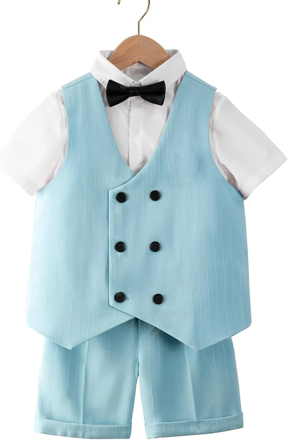 LOLANTA 4Pcs Summer Boys Suit, Kids Dress Clothes Shirt Vest Shorts Bow Tie, Waistcoat Tuxedo Wedding Ring Bearer Outfit