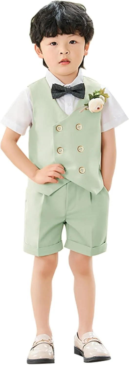 LOLANTA 4Pcs Summer Boys Suit, Kids Dress Clothes Shirt Vest Shorts Bow Tie, Waistcoat Tuxedo Wedding Ring Bearer Outfit