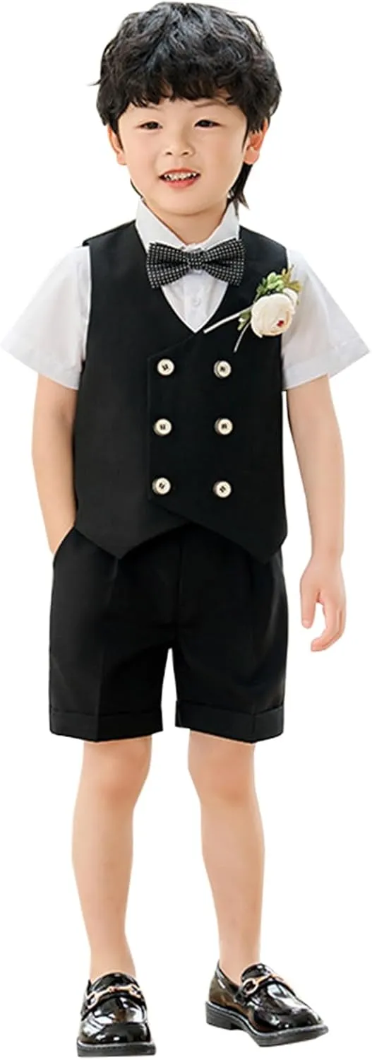 LOLANTA 4Pcs Summer Boys Suit, Kids Dress Clothes Shirt Vest Shorts Bow Tie, Waistcoat Tuxedo Wedding Ring Bearer Outfit