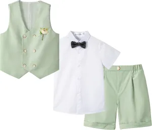 LOLANTA 4Pcs Summer Boys Suit, Kids Dress Clothes Shirt Vest Shorts Bow Tie, Waistcoat Tuxedo Wedding Ring Bearer Outfit