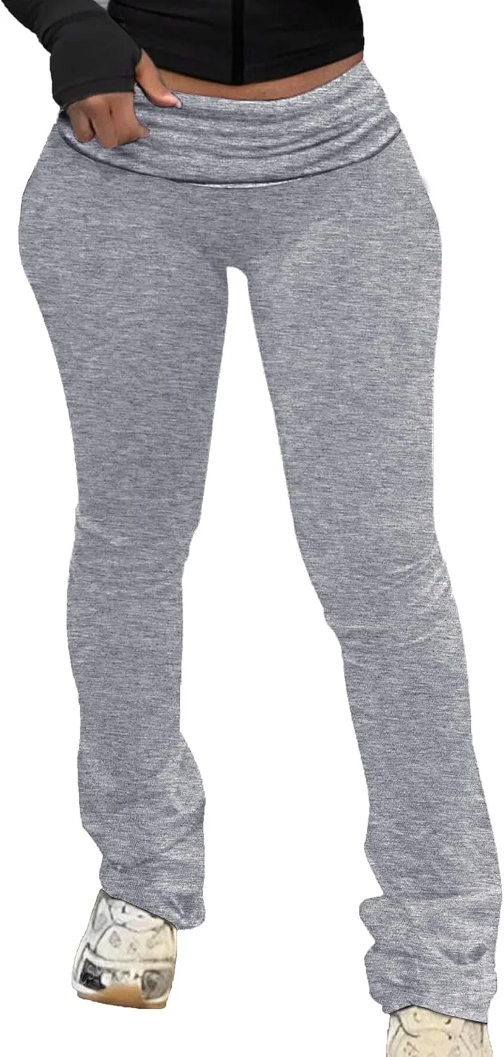 LovelyWholesale Women Low Rise Patchwork Pants Stretchy Yoga Leggings Fold Over Waist Bell Bottom Streetwear