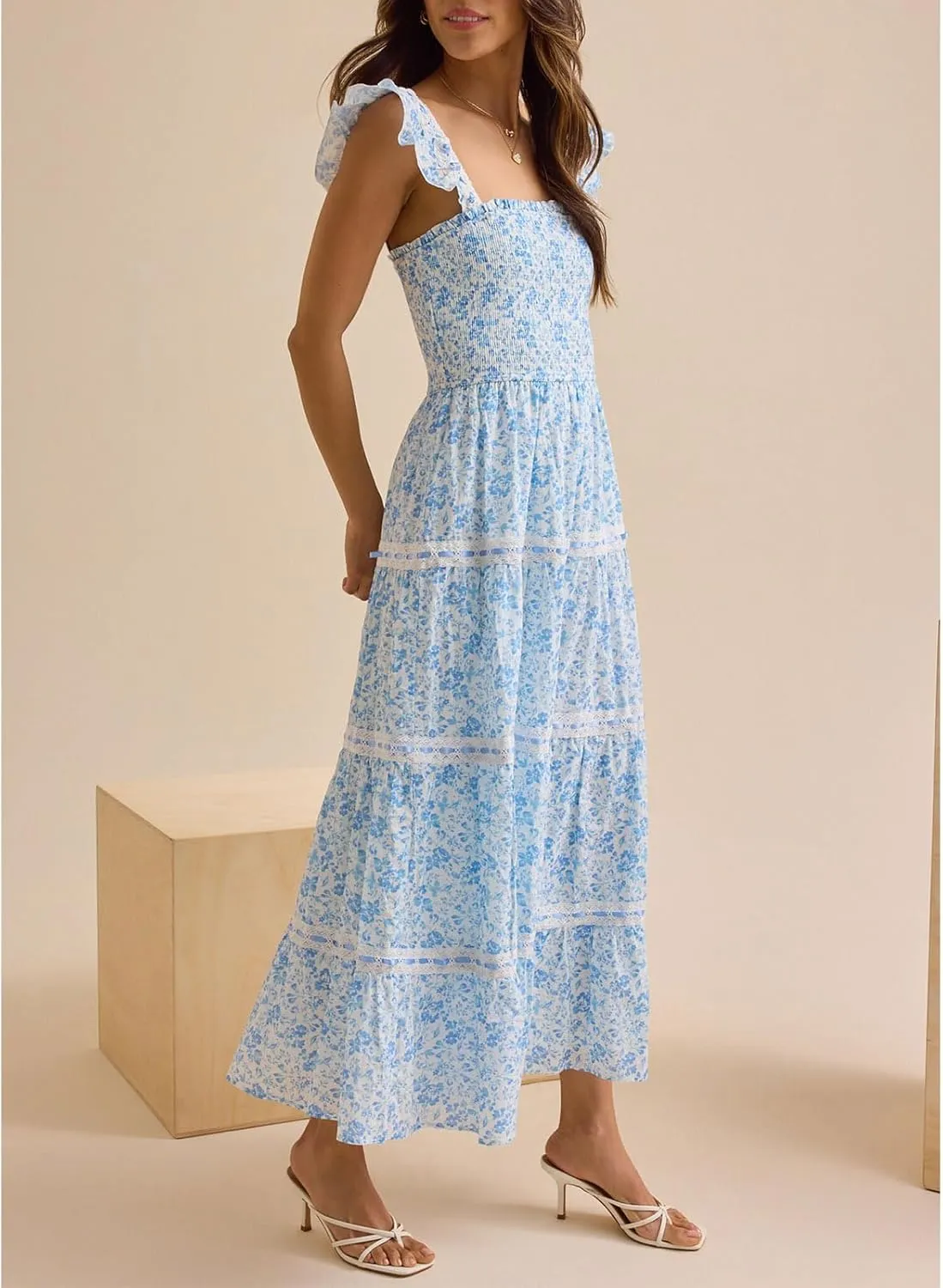 Meiweileya Women Spaghetti Strap Maxi Dress Y2k Floral Lace Trim Ruffle Long Dress Boho Patchwork Flowy Summer Beach Sundress