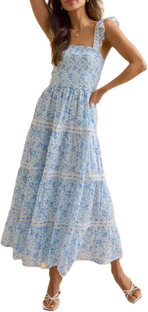 Meiweileya Women Spaghetti Strap Maxi Dress Y2k Floral Lace Trim Ruffle Long Dress Boho Patchwork Flowy Summer Beach Sundress
