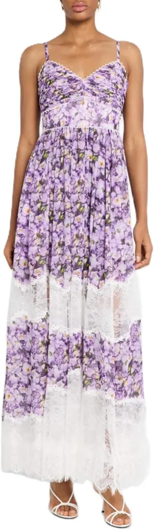 Meiweileya Women Spaghetti Strap Maxi Dress Y2k Floral Lace Trim Ruffle Long Dress Boho Patchwork Flowy Summer Beach Sundress