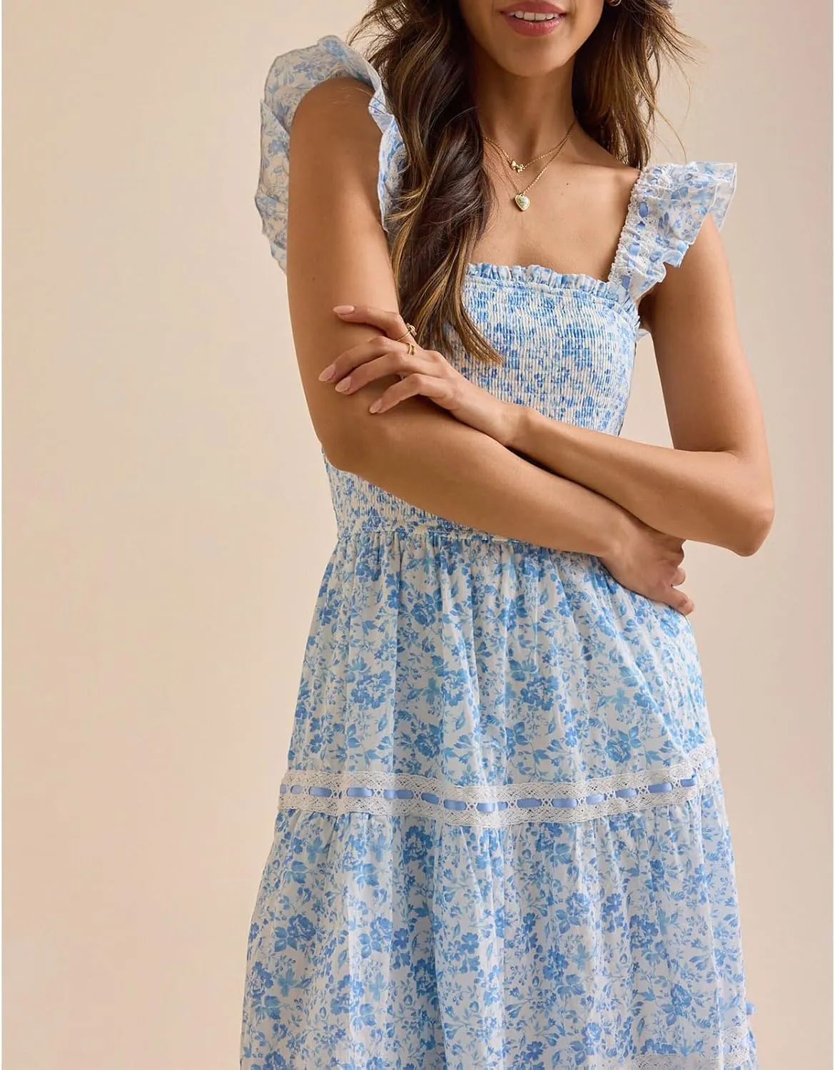Meiweileya Women Spaghetti Strap Maxi Dress Y2k Floral Lace Trim Ruffle Long Dress Boho Patchwork Flowy Summer Beach Sundress