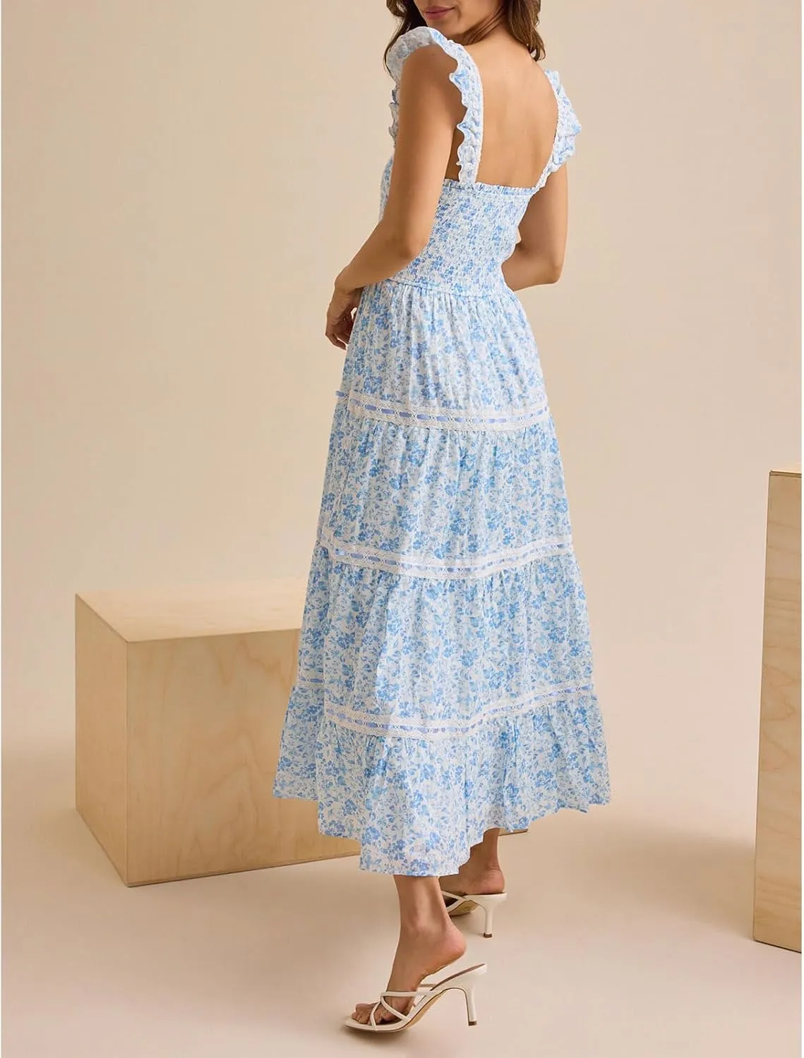 Meiweileya Women Spaghetti Strap Maxi Dress Y2k Floral Lace Trim Ruffle Long Dress Boho Patchwork Flowy Summer Beach Sundress