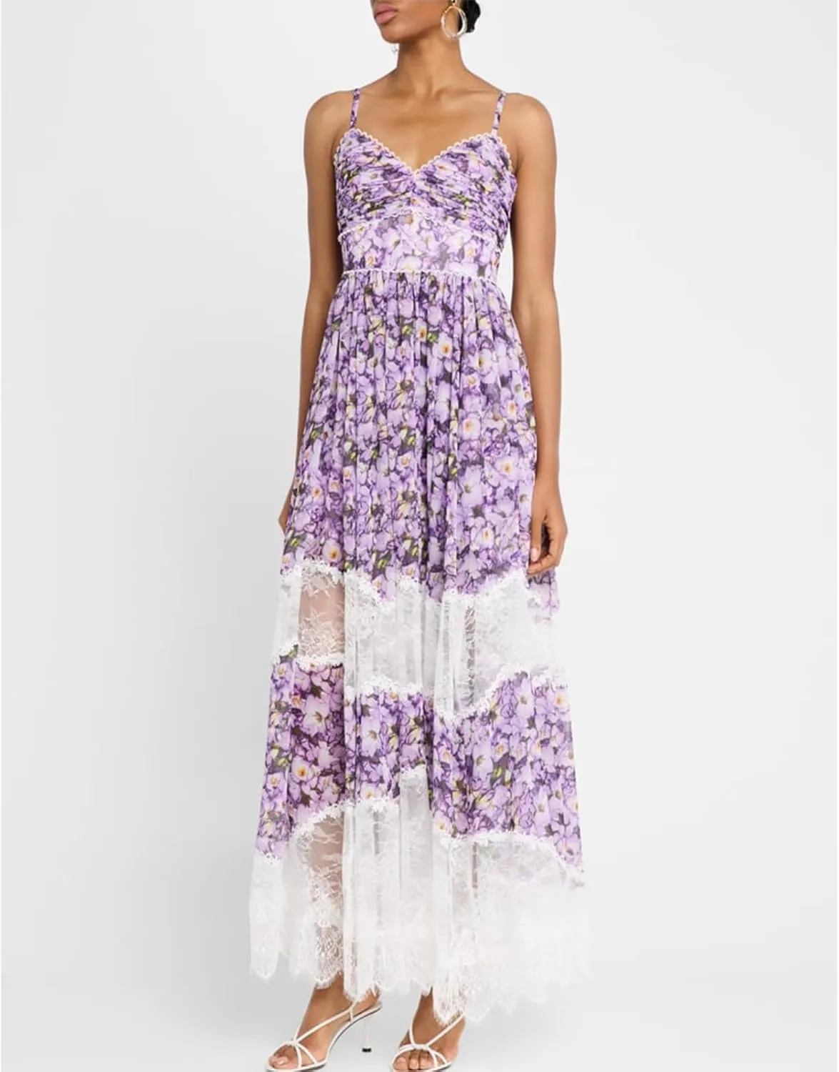 Meiweileya Women Spaghetti Strap Maxi Dress Y2k Floral Lace Trim Ruffle Long Dress Boho Patchwork Flowy Summer Beach Sundress