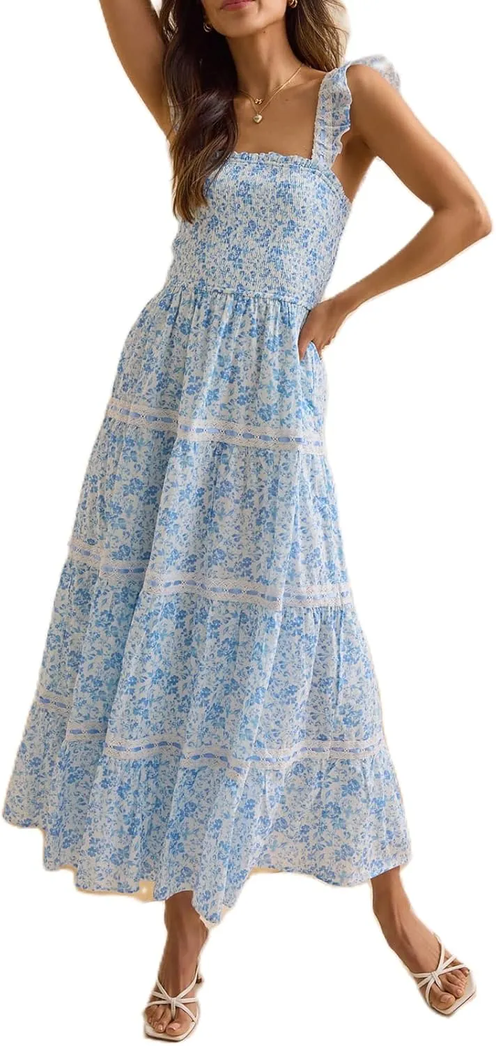 Meiweileya Women Spaghetti Strap Maxi Dress Y2k Floral Lace Trim Ruffle Long Dress Boho Patchwork Flowy Summer Beach Sundress