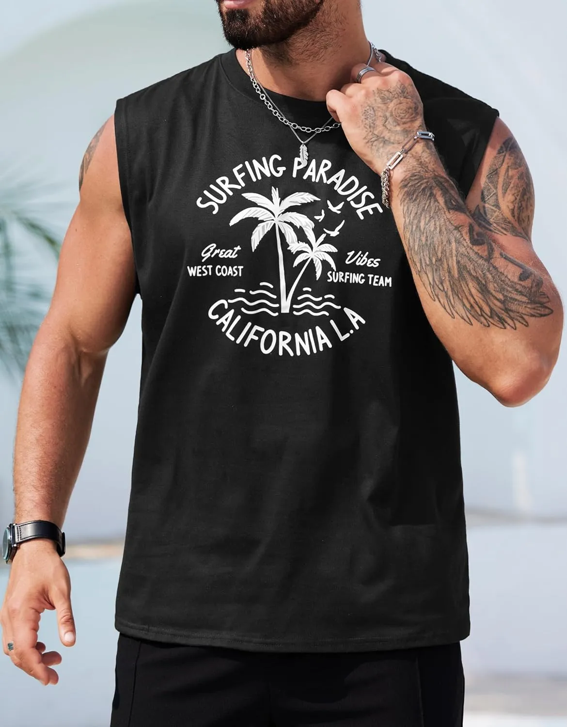 Mens Beach Summer Tank Tops Palm Tree Graphic Vacation Muscle Sleeveless Shirts (S-3XL)
