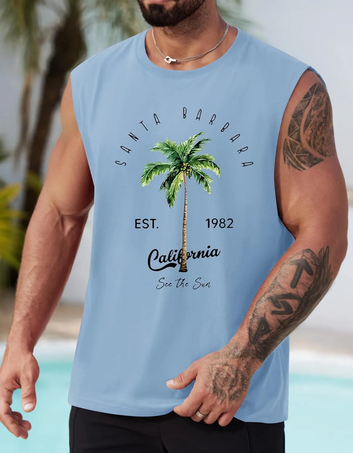 Mens Beach Summer Tank Tops Palm Tree Graphic Vacation Muscle Sleeveless Shirts (S-3XL)