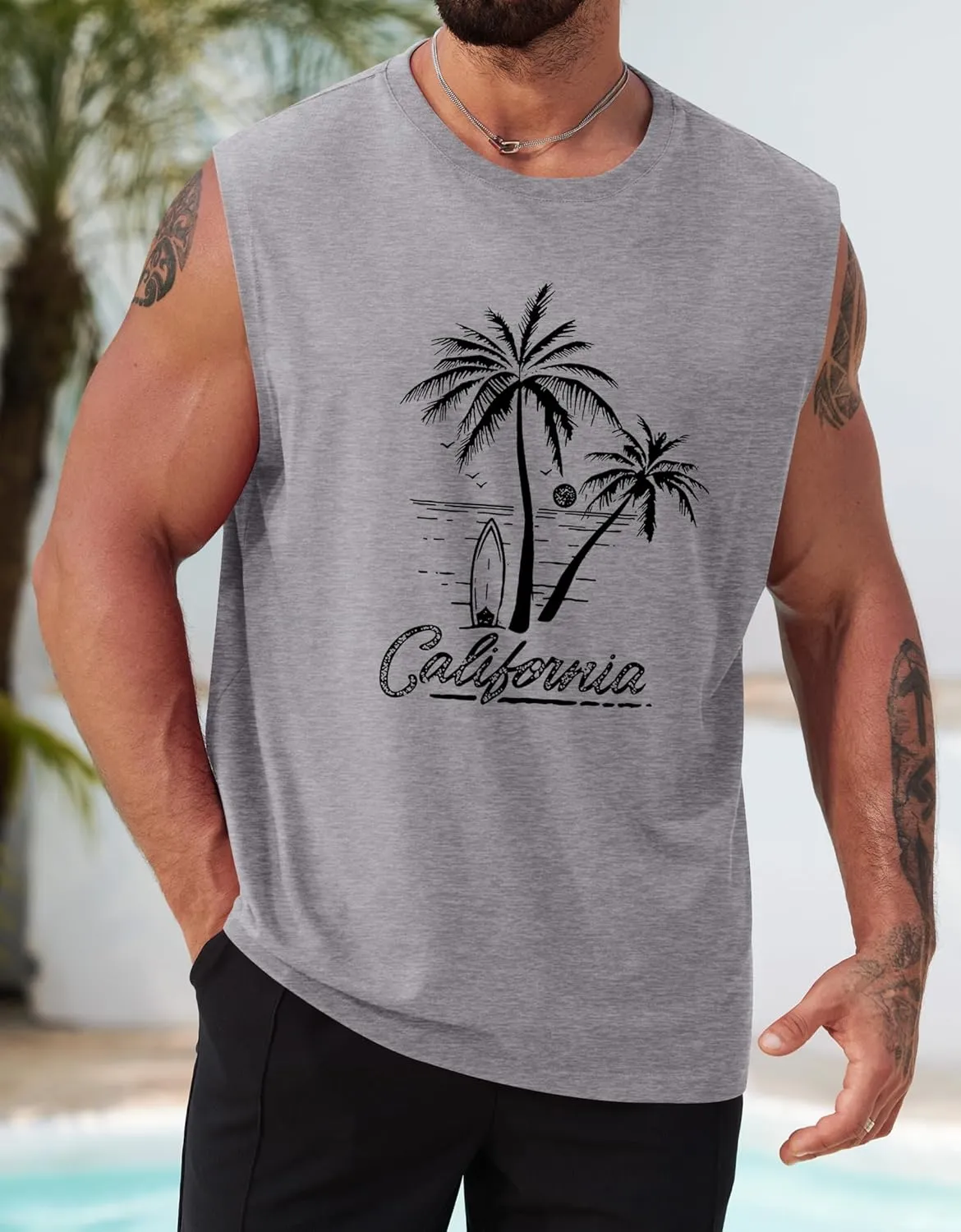 Mens Beach Summer Tank Tops Palm Tree Graphic Vacation Muscle Sleeveless Shirts (S-3XL)