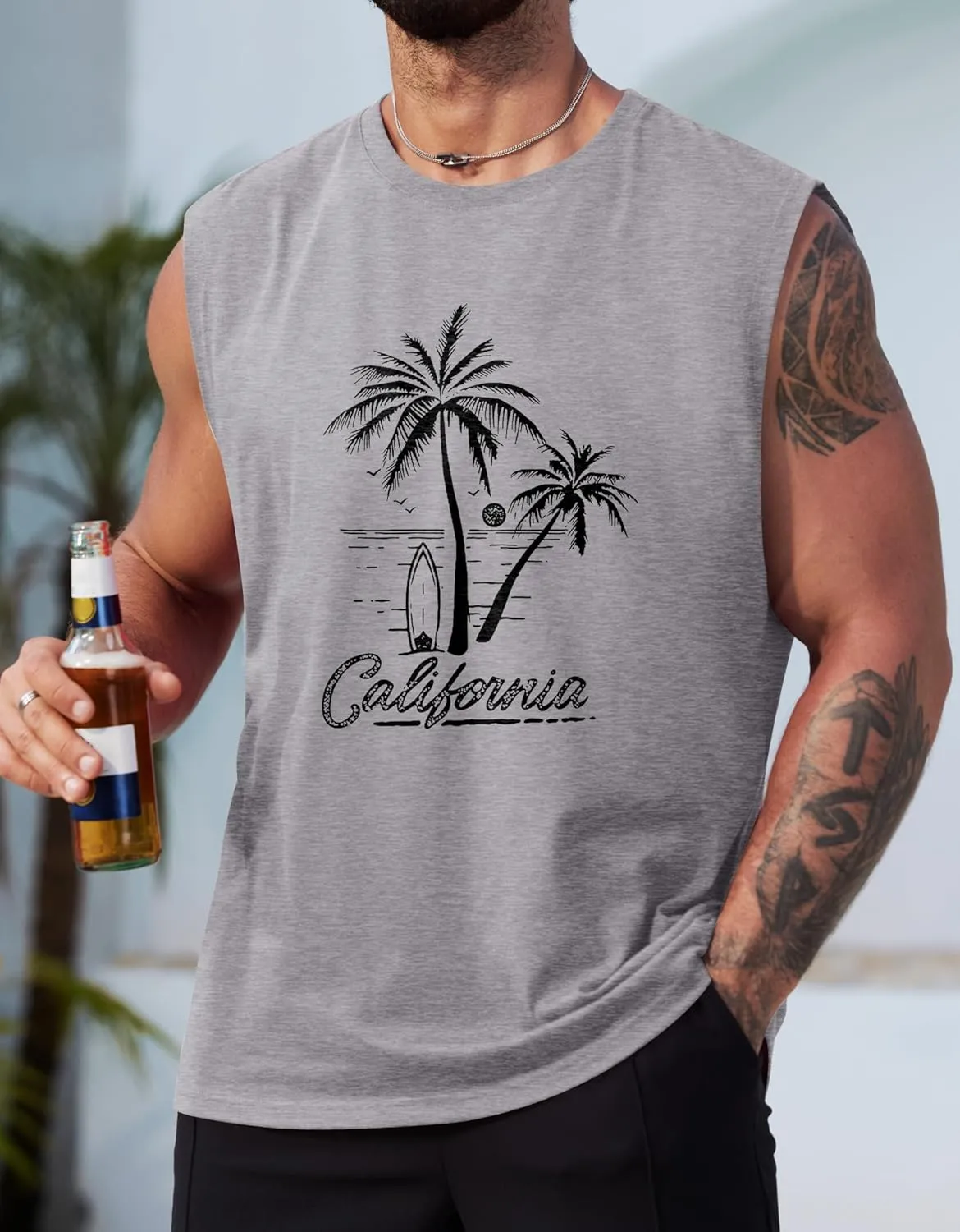 Mens Beach Summer Tank Tops Palm Tree Graphic Vacation Muscle Sleeveless Shirts (S-3XL)