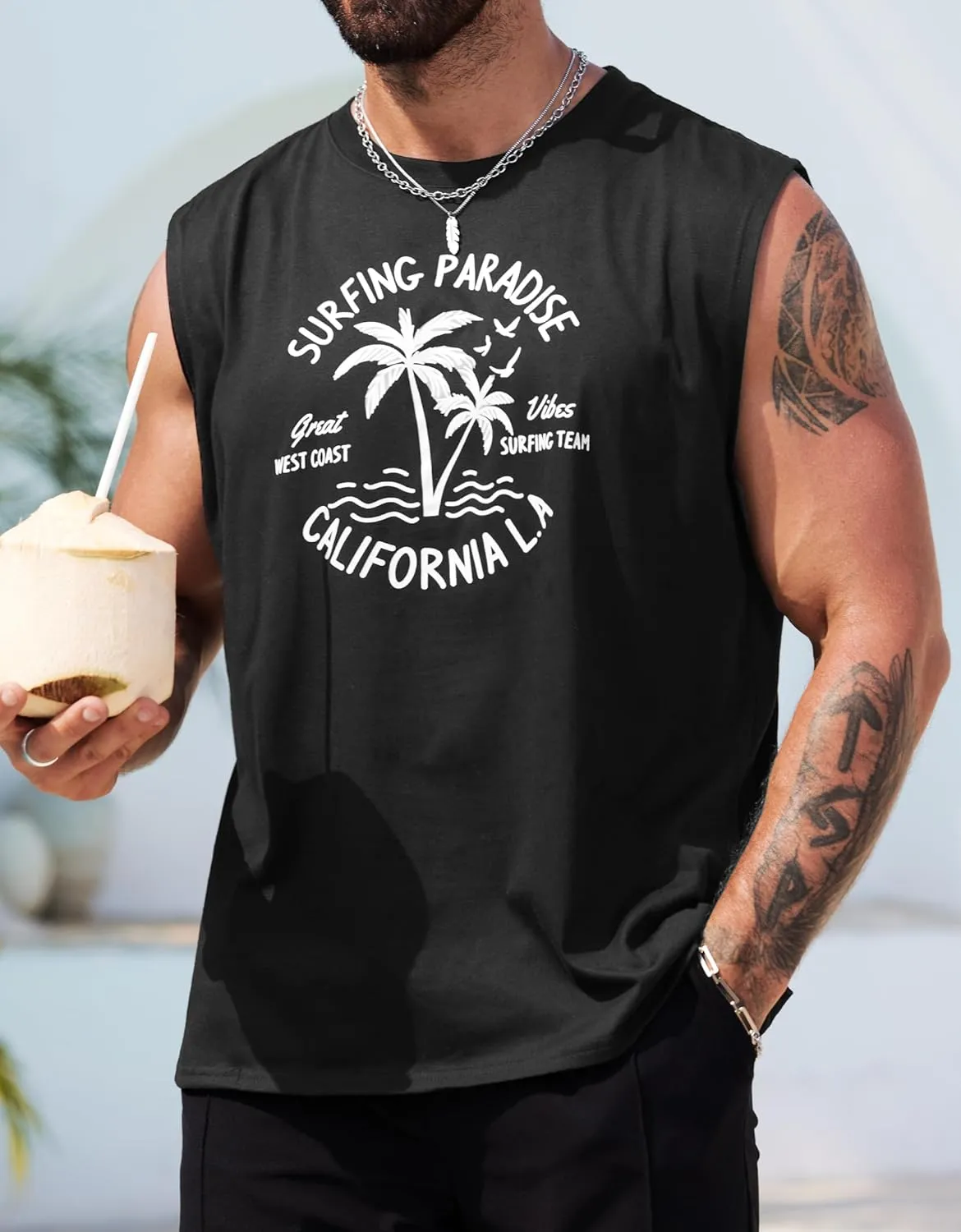 Mens Beach Summer Tank Tops Palm Tree Graphic Vacation Muscle Sleeveless Shirts (S-3XL)