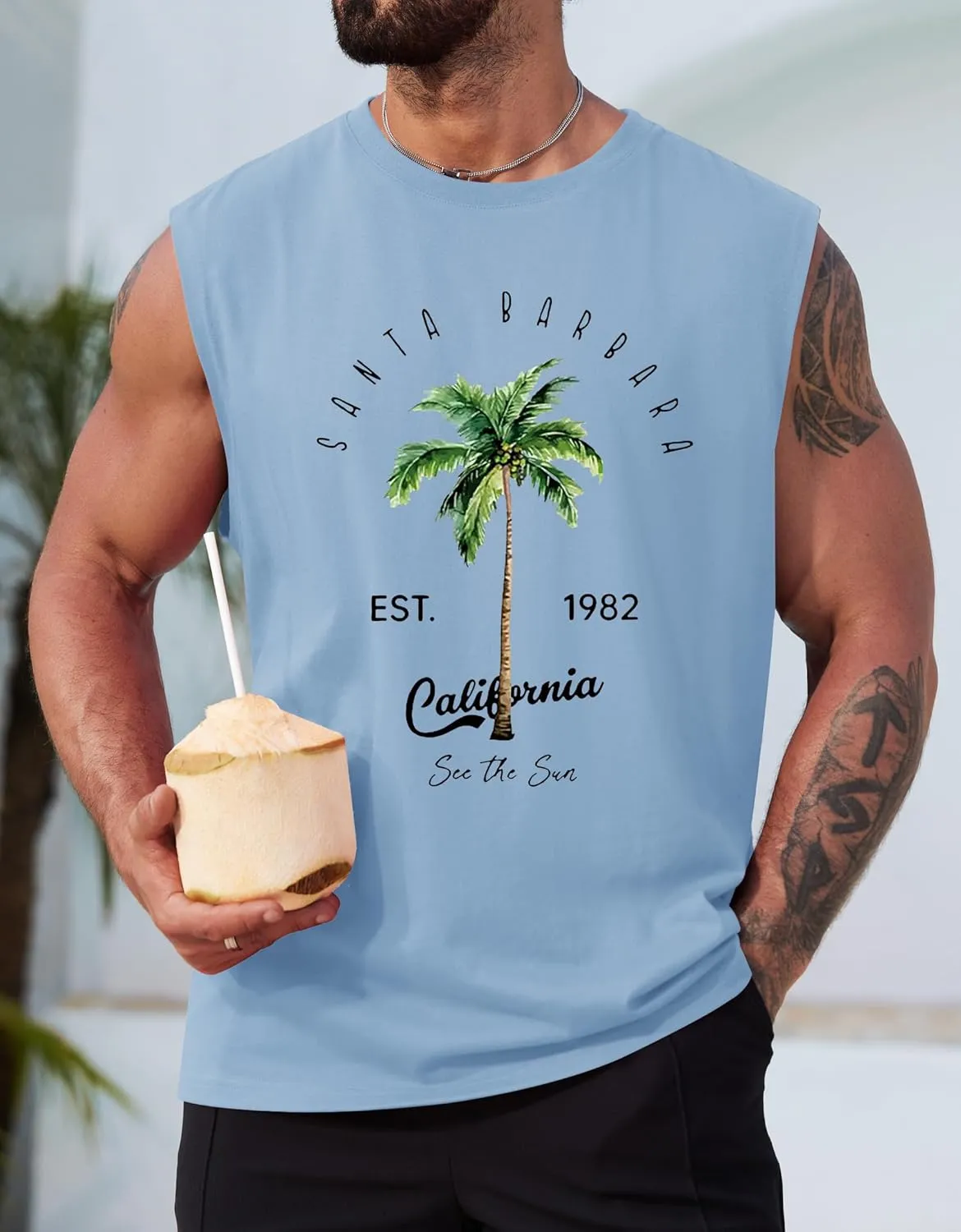 Mens Beach Summer Tank Tops Palm Tree Graphic Vacation Muscle Sleeveless Shirts (S-3XL)