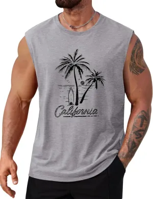 Mens Beach Summer Tank Tops Palm Tree Graphic Vacation Muscle Sleeveless Shirts (S-3XL)