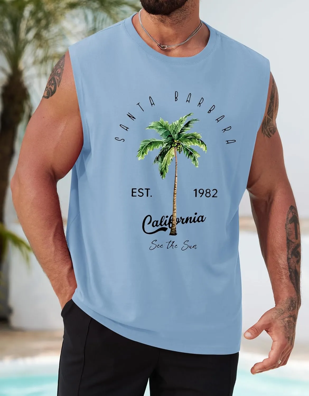 Mens Beach Summer Tank Tops Palm Tree Graphic Vacation Muscle Sleeveless Shirts (S-3XL)