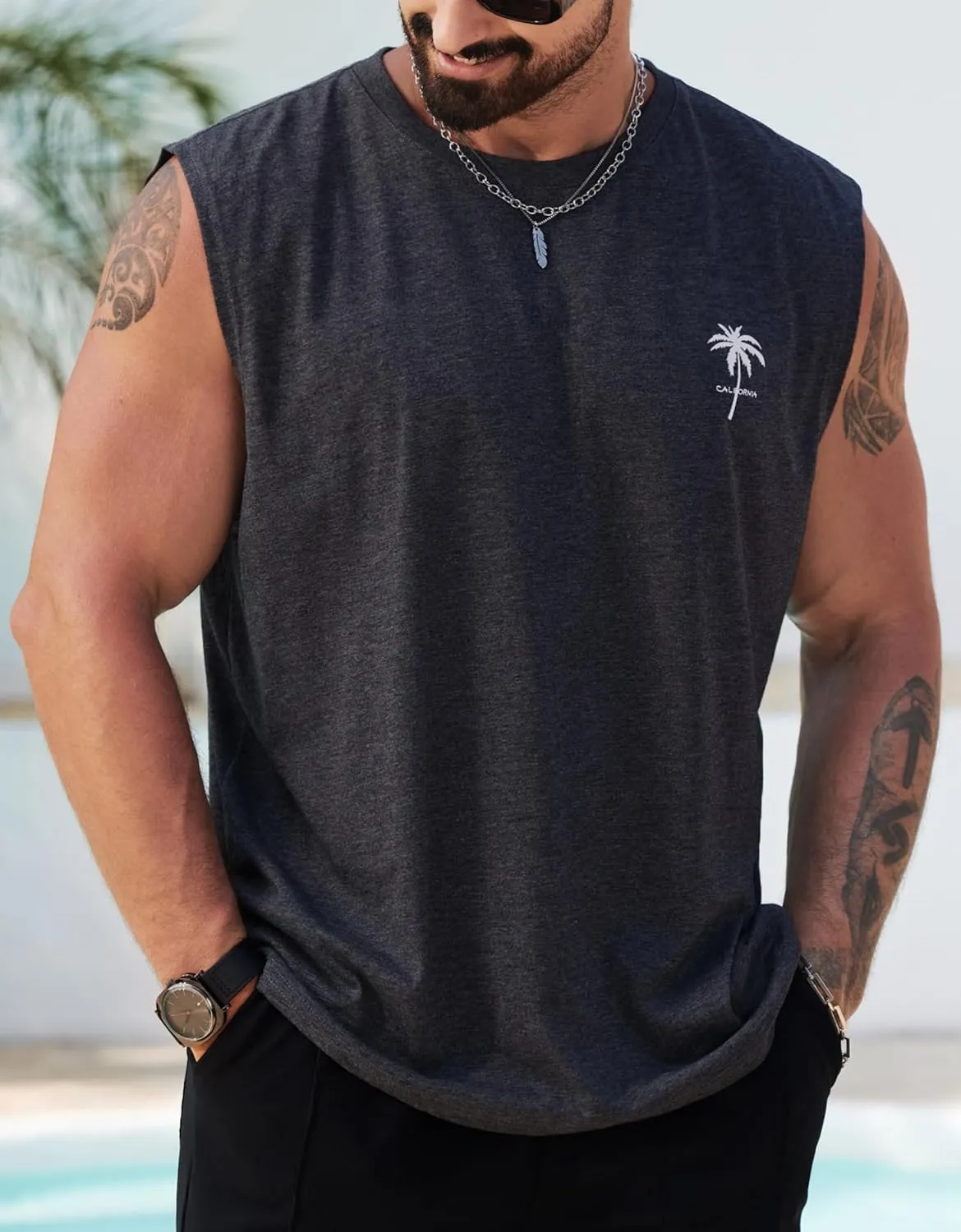 Mens Beach Summer Tank Tops Palm Tree Graphic Vacation Muscle Sleeveless Shirts (S-3XL)