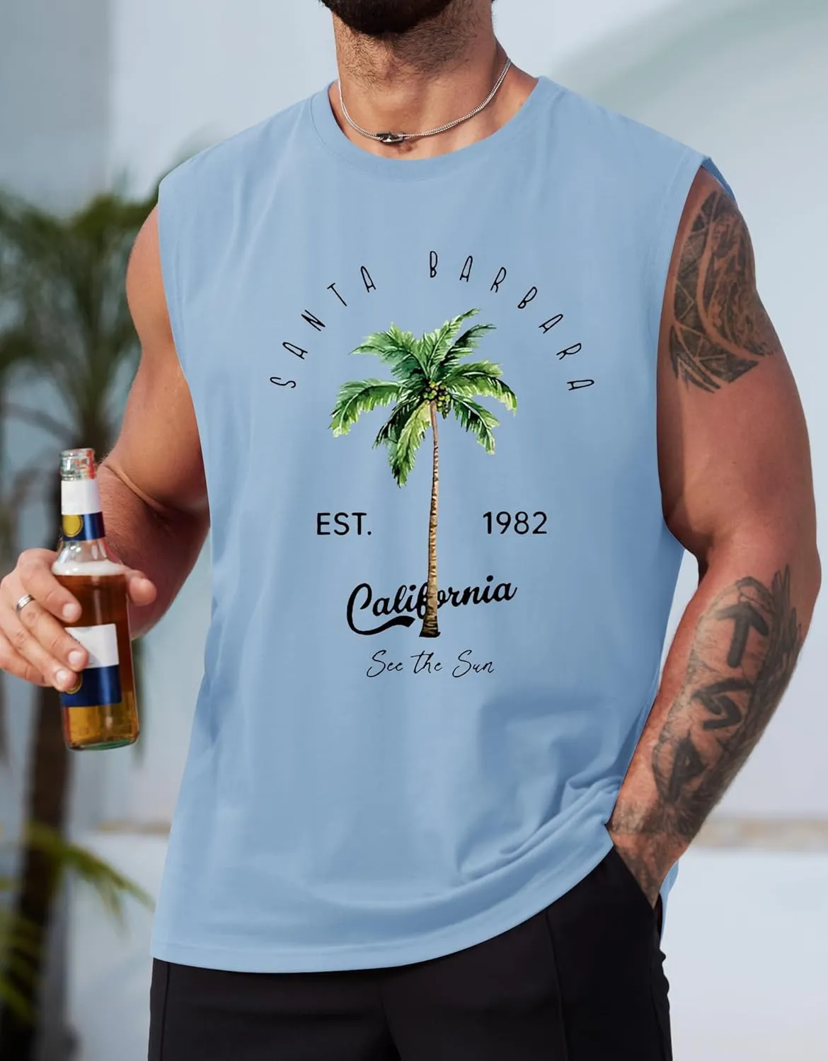 Mens Beach Summer Tank Tops Palm Tree Graphic Vacation Muscle Sleeveless Shirts (S-3XL)