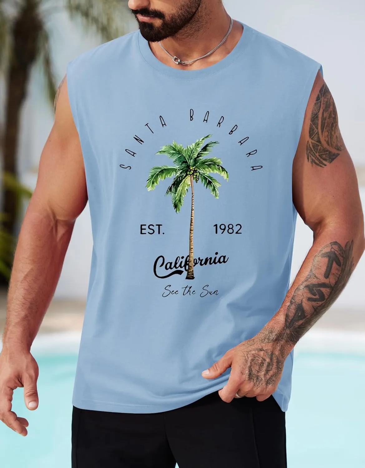 Mens Beach Summer Tank Tops Palm Tree Graphic Vacation Muscle Sleeveless Shirts (S-3XL)