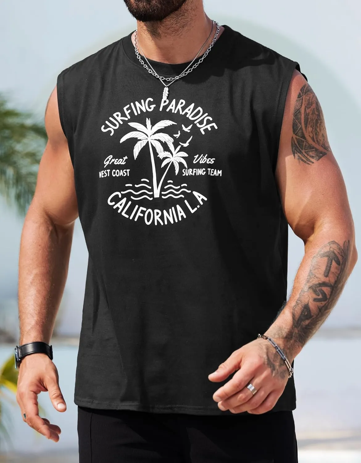 Mens Beach Summer Tank Tops Palm Tree Graphic Vacation Muscle Sleeveless Shirts (S-3XL)