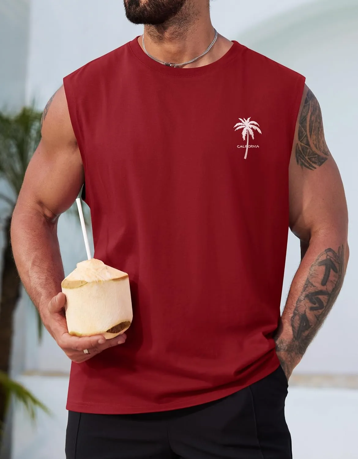 Mens Beach Summer Tank Tops Palm Tree Graphic Vacation Muscle Sleeveless Shirts (S-3XL)