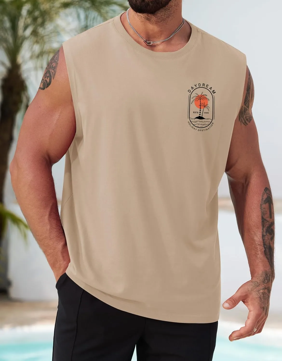 Mens Beach Summer Tank Tops Palm Tree Graphic Vacation Muscle Sleeveless Shirts (S-3XL)