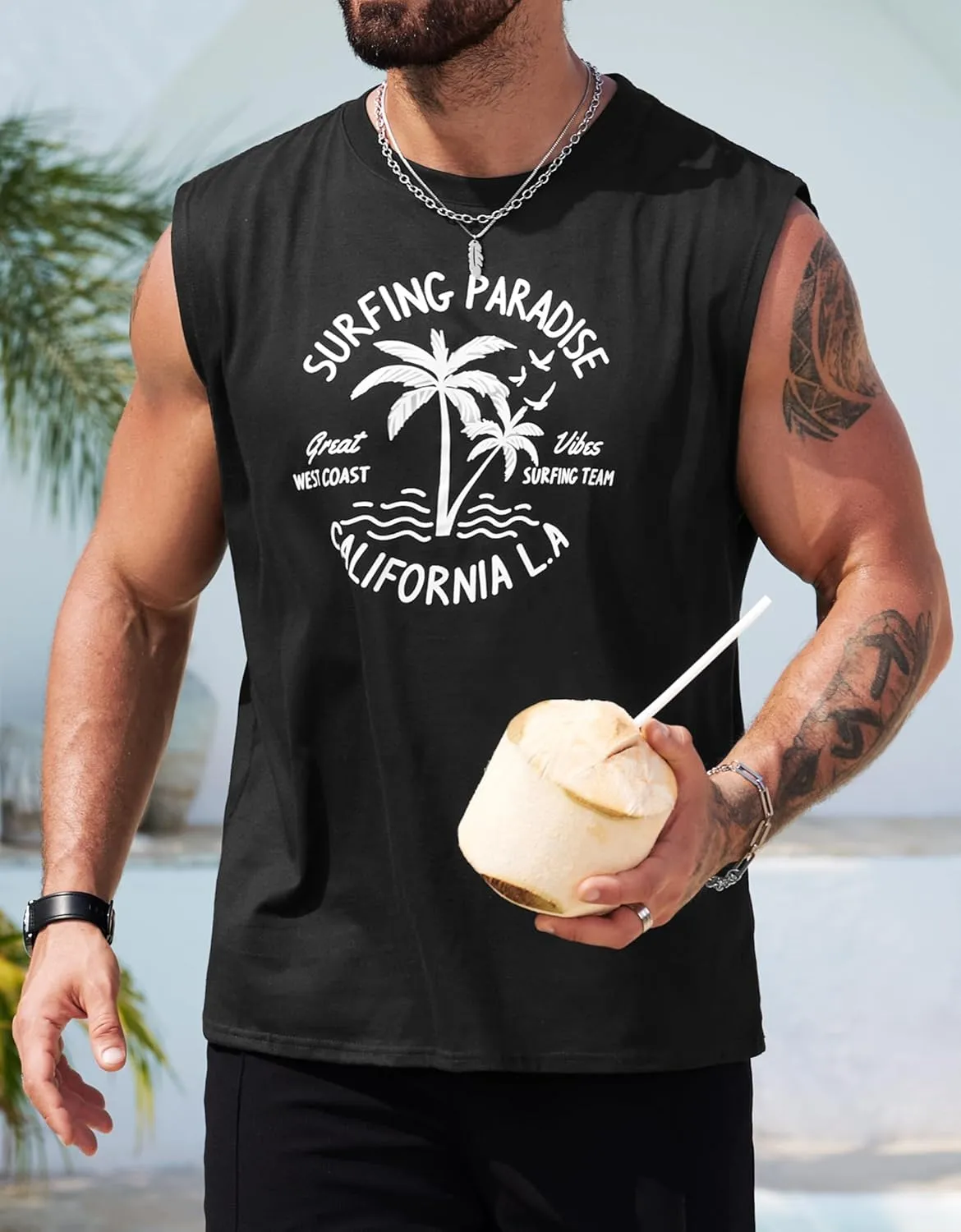 Mens Beach Summer Tank Tops Palm Tree Graphic Vacation Muscle Sleeveless Shirts (S-3XL)