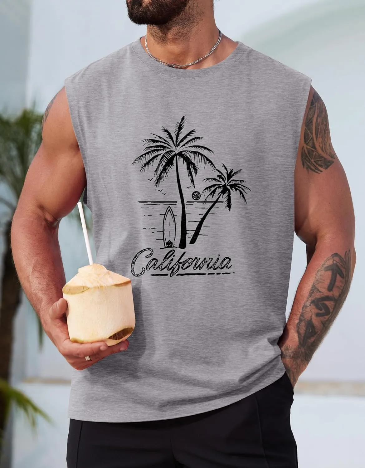 Mens Beach Summer Tank Tops Palm Tree Graphic Vacation Muscle Sleeveless Shirts (S-3XL)