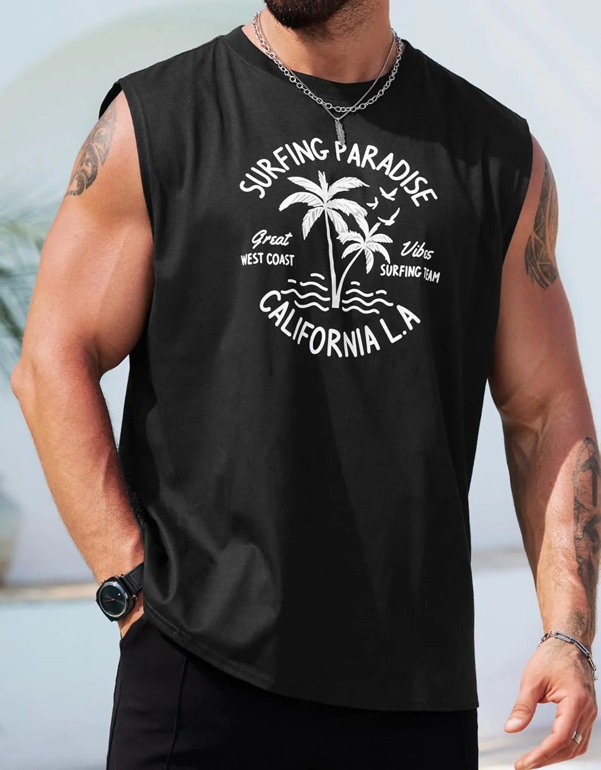 Mens Beach Summer Tank Tops Palm Tree Graphic Vacation Muscle Sleeveless Shirts (S-3XL)
