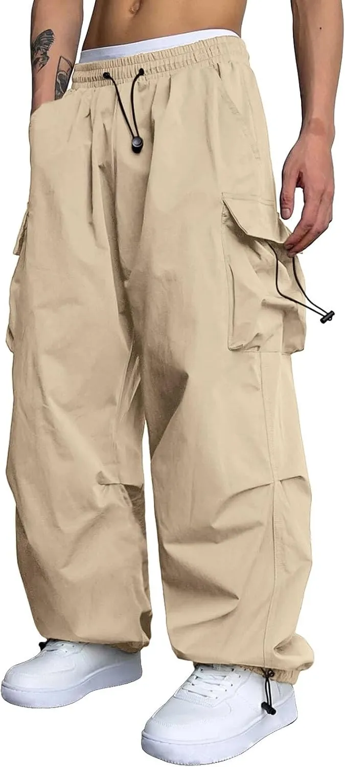 Men's Cargo Pants Casual Loose Fit Wide Leg Drawstring Waist Pant Outdoor Pants Multi Pockets
