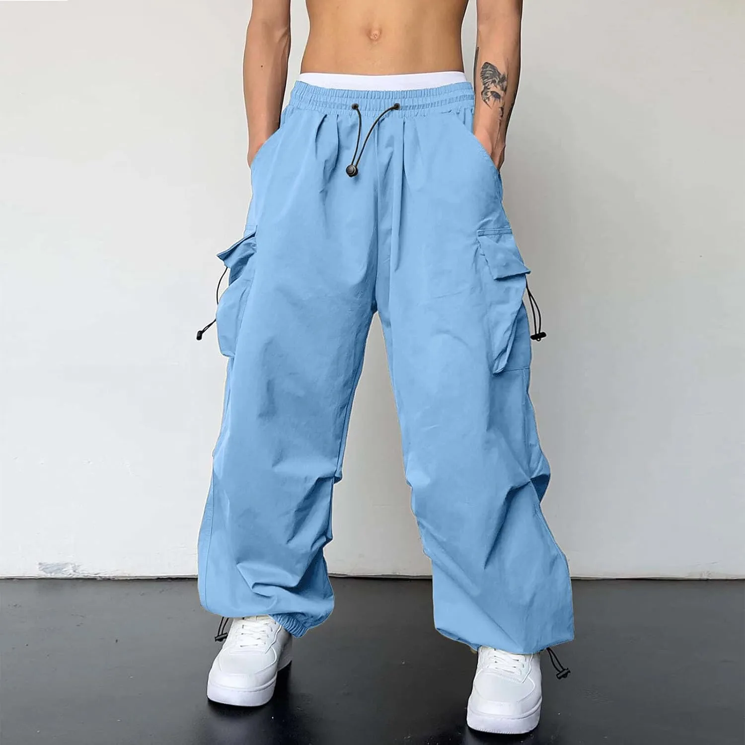 Men's Cargo Pants Casual Loose Fit Wide Leg Drawstring Waist Pant Outdoor Pants Multi Pockets