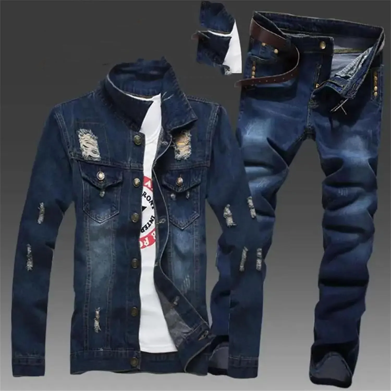 Mens Denim Jacket & Jeans Set Spring Summer Distressed Casual Two-Piece S-5XL