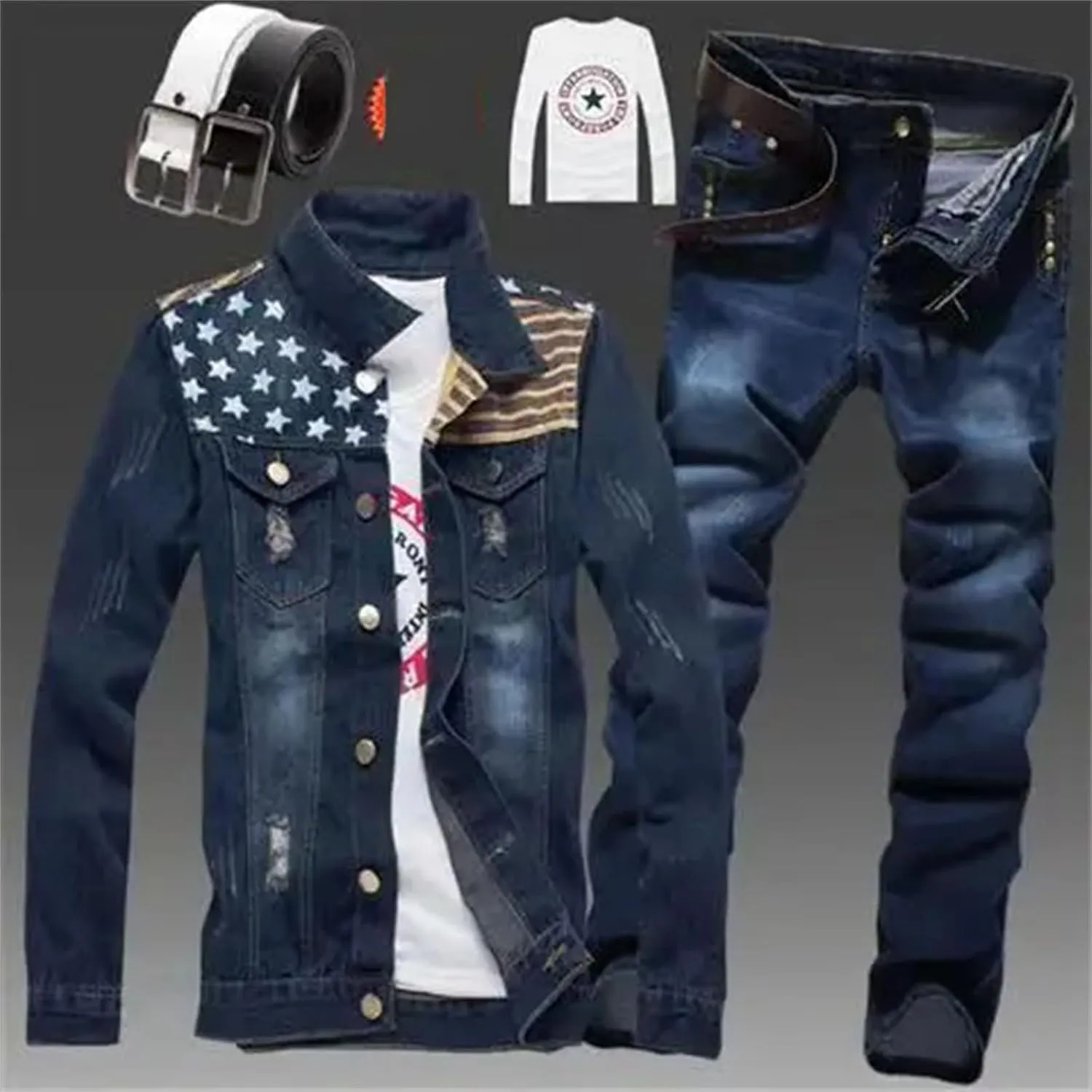 Mens Denim Jacket & Jeans Set Spring Summer Distressed Casual Two-Piece S-5XL