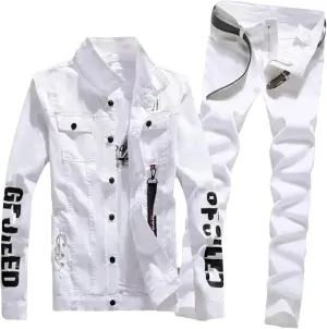 Mens Denim Jacket & Jeans Set Spring Summer Distressed Casual Two-Piece S-5XL