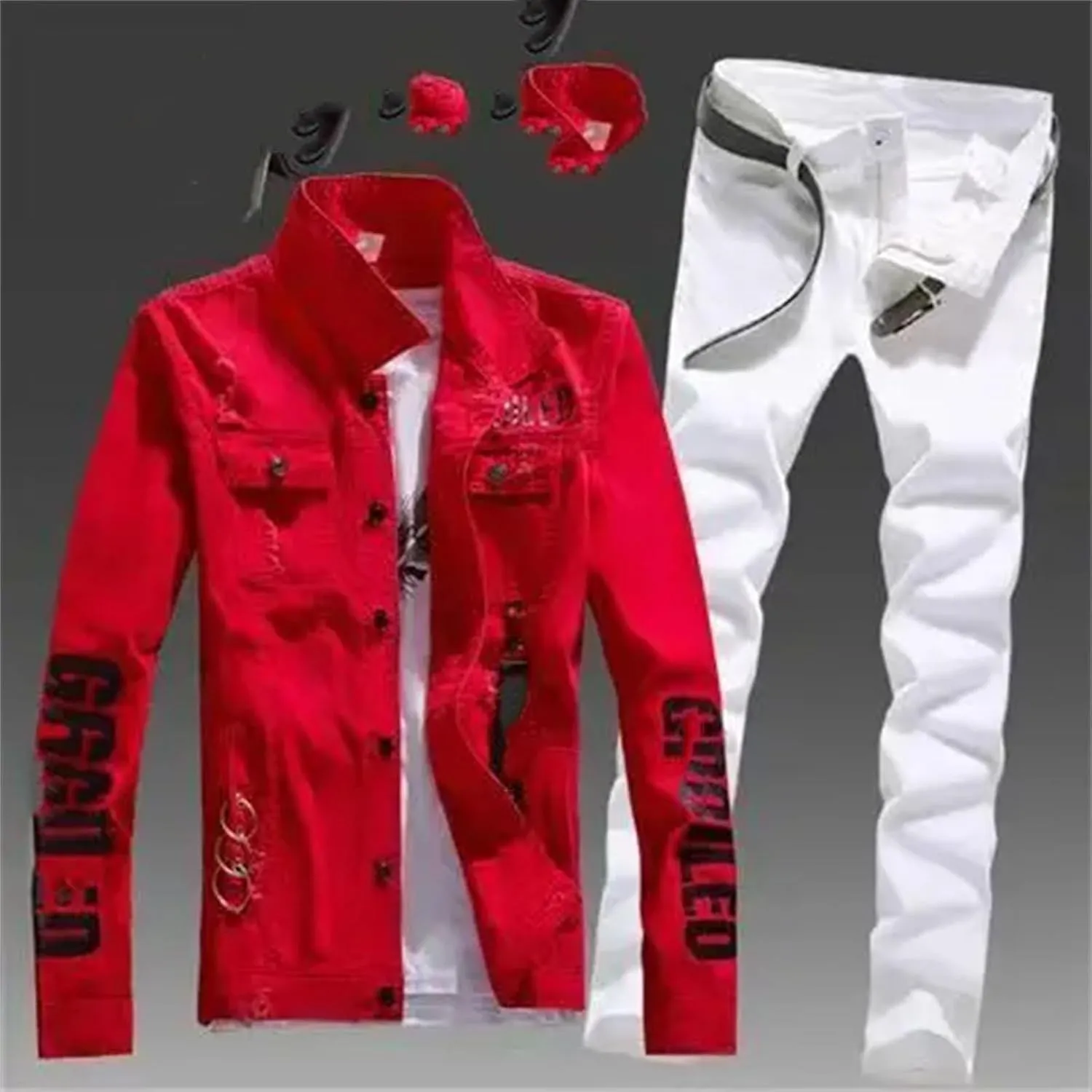 Mens Denim Jacket & Jeans Set Spring Summer Distressed Casual Two-Piece S-5XL