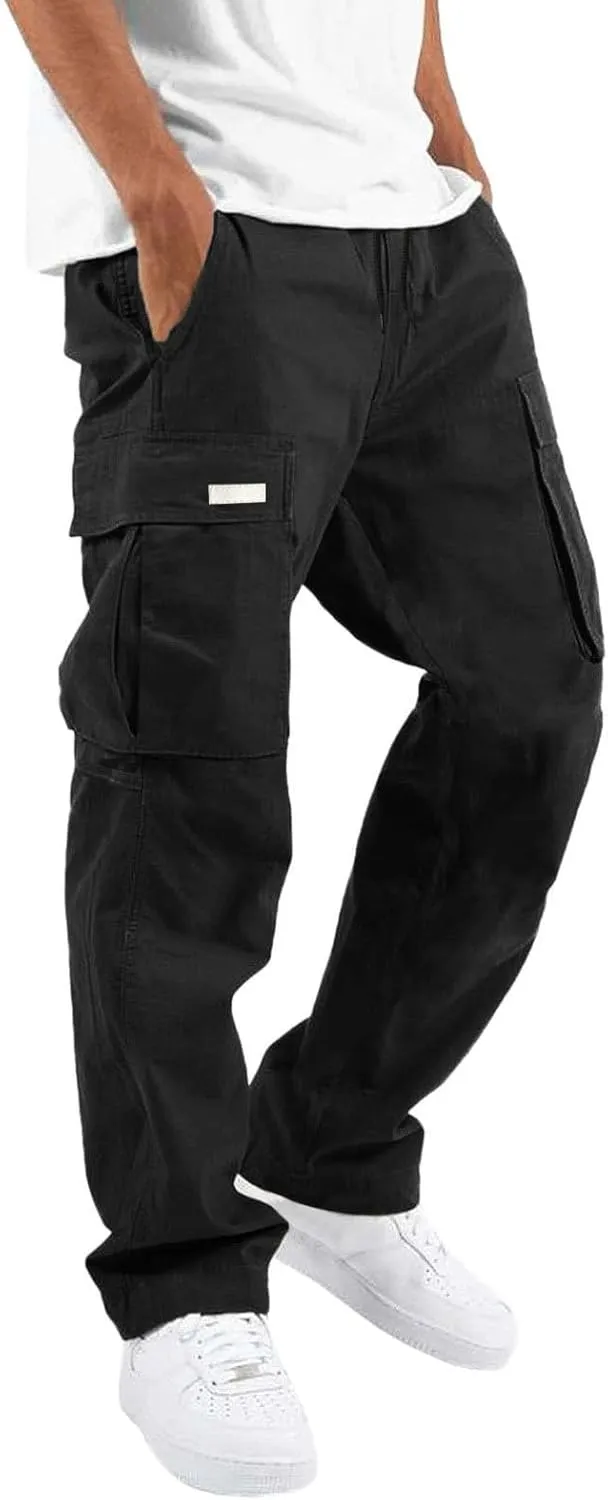 Mens Drawstring Cargo Pants Casual Solid Stretch Waist Sweatpants Athletic Running Tactical Trousers with Pockets