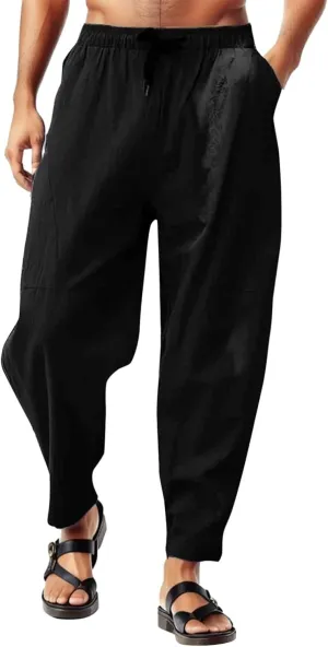 Men's Linen Pants Loose Fit Casual Lightweight Wide Leg Breathable Drawstring Waist Baggy Joggers Trousers
