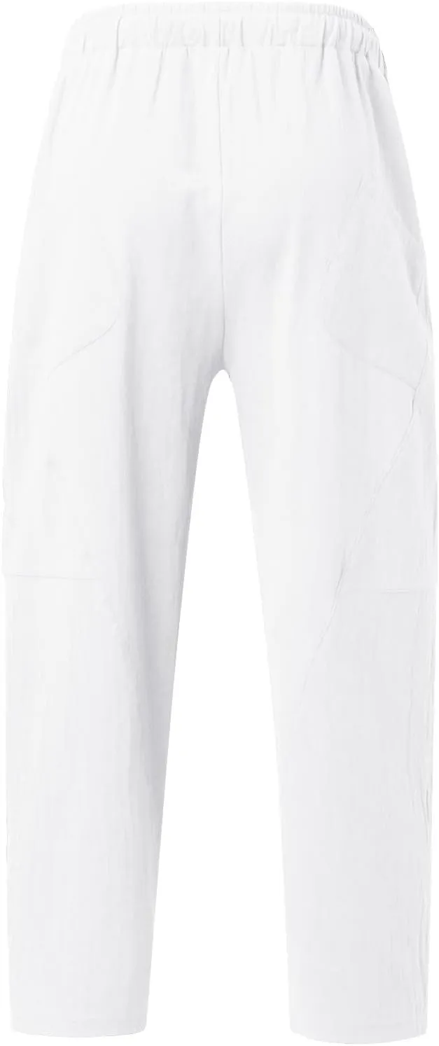 Men's Linen Pants Loose Fit Casual Lightweight Wide Leg Breathable Drawstring Waist Baggy Joggers Trousers