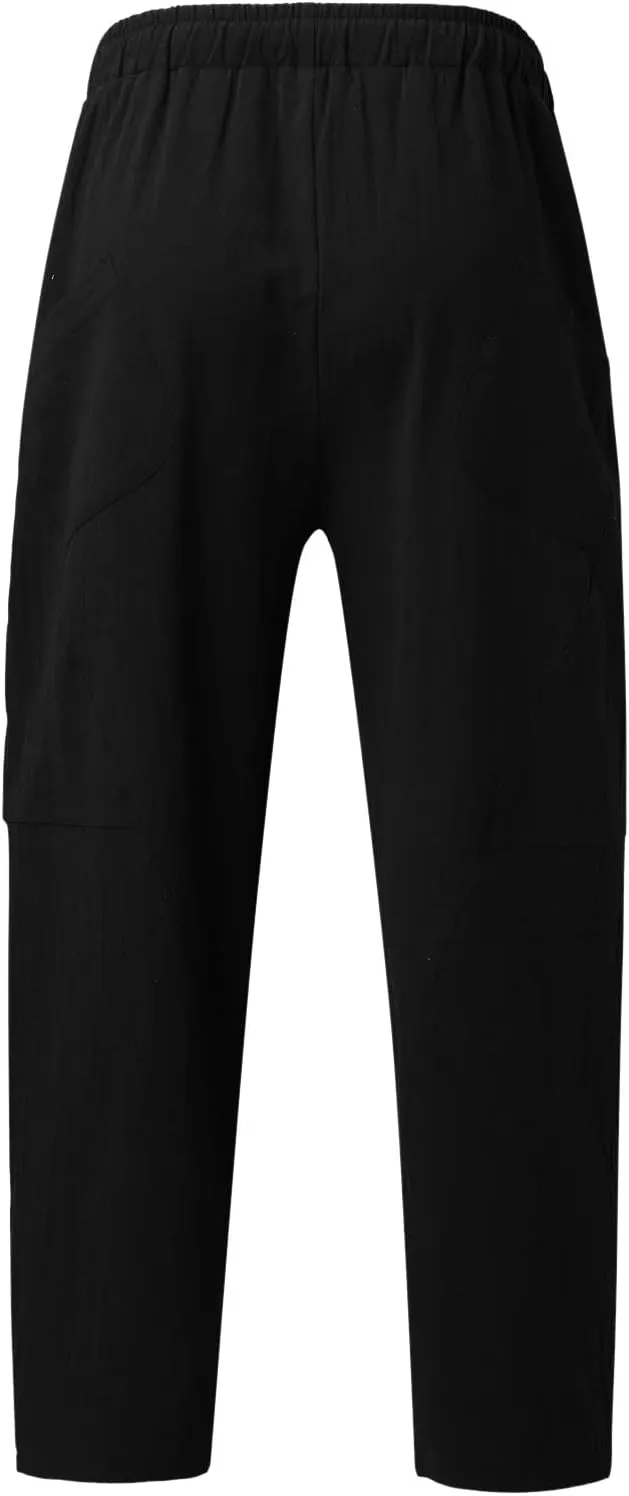 Men's Linen Pants Loose Fit Casual Lightweight Wide Leg Breathable Drawstring Waist Baggy Joggers Trousers