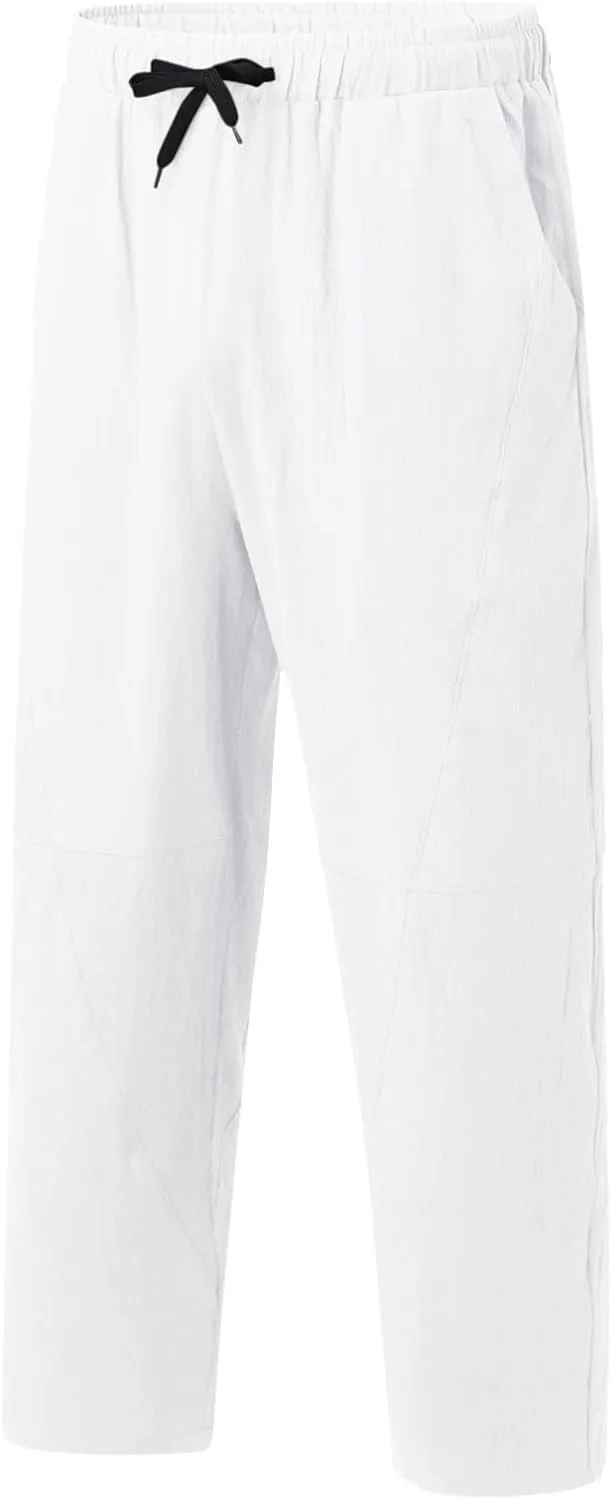 Men's Linen Pants Loose Fit Casual Lightweight Wide Leg Breathable Drawstring Waist Baggy Joggers Trousers