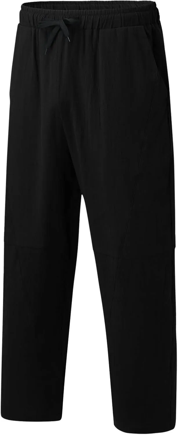 Men's Linen Pants Loose Fit Casual Lightweight Wide Leg Breathable Drawstring Waist Baggy Joggers Trousers