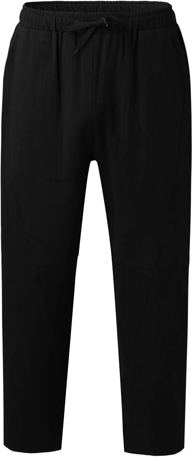 Men's Linen Pants Loose Fit Casual Lightweight Wide Leg Breathable Drawstring Waist Baggy Joggers Trousers