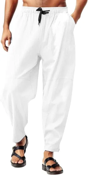 Men's Linen Pants Loose Fit Casual Lightweight Wide Leg Breathable Drawstring Waist Baggy Joggers Trousers