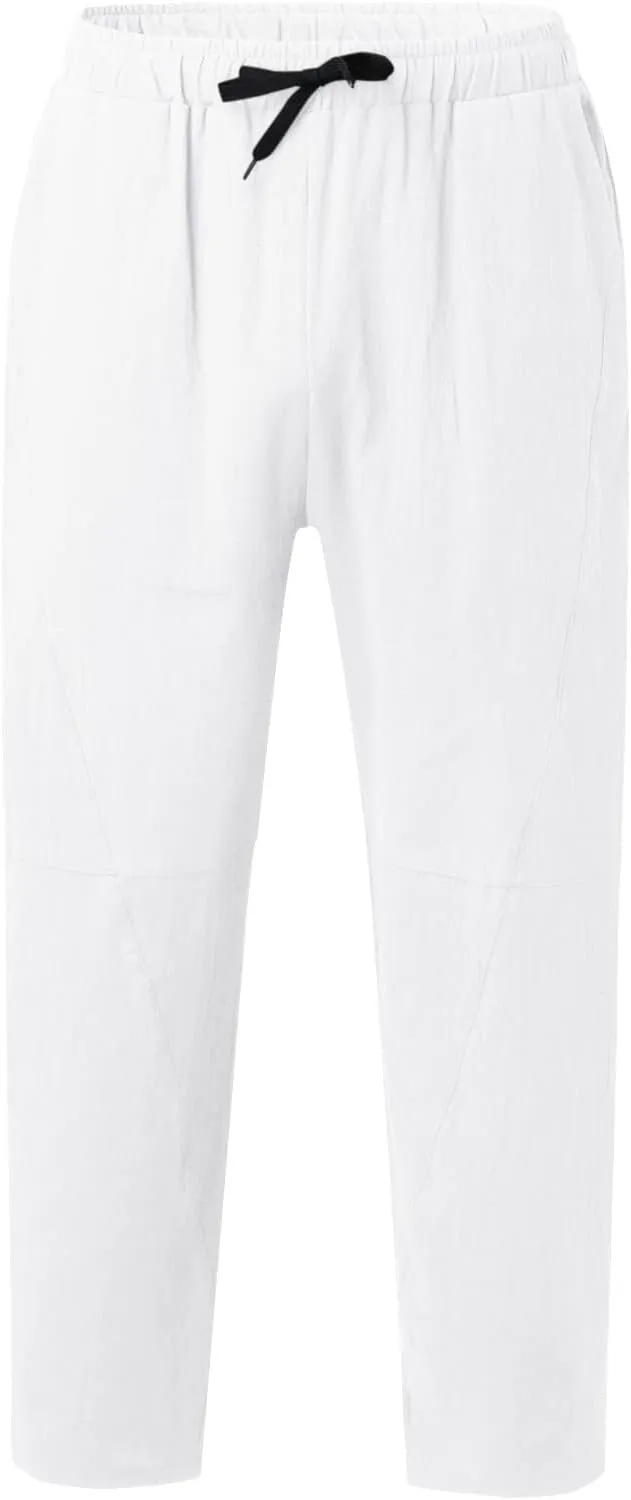 Men's Linen Pants Loose Fit Casual Lightweight Wide Leg Breathable Drawstring Waist Baggy Joggers Trousers