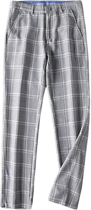 Men's Slim-Fit Flat-Front Dress Pant Straight Fit Plaid Stretch Skinny Casual Business Dress Chinos Pants (33,Grey)