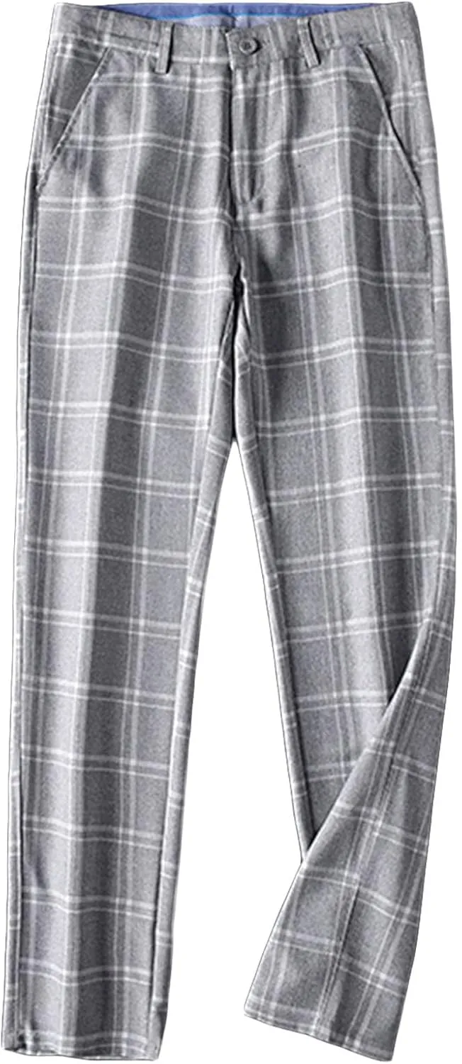 Men's Slim-Fit Flat-Front Dress Pant Straight Fit Plaid Stretch Skinny Casual Business Dress Chinos Pants (33,Grey)