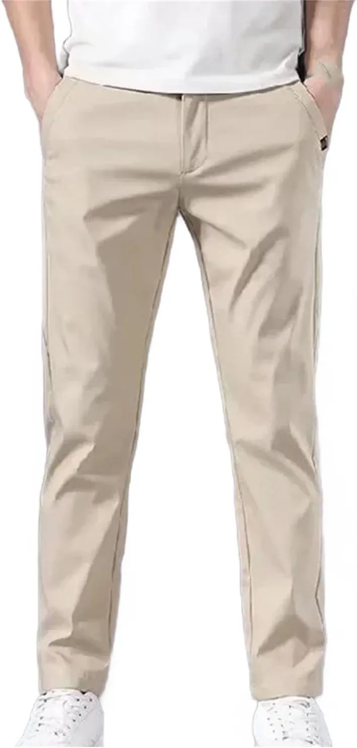 Men's Slim Fit Thin Chino Pant Casual Flat Front Flex Classic Full Pants Middle Waist Man Trousers