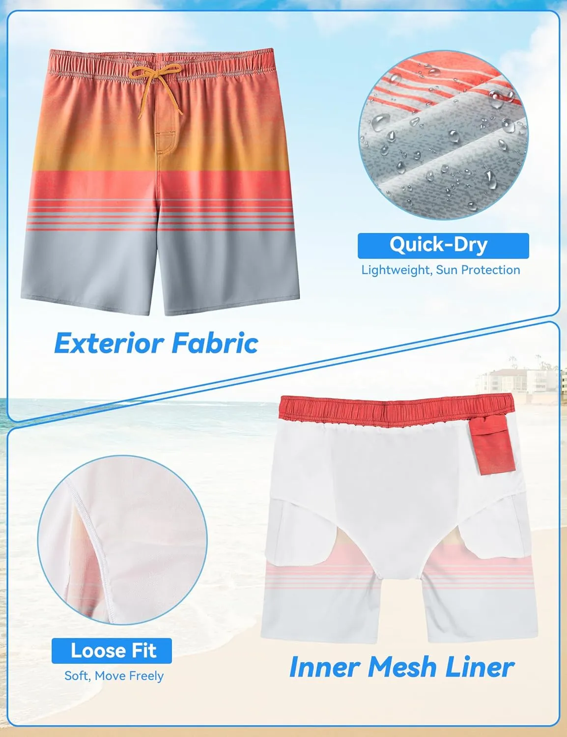 Mens Swim Trunks 8 inch Inseam Mesh Liner Quick-Dry Lightweight 4-Way Stretch Bathing Suit Swimming Trunks for Men UPF 50 