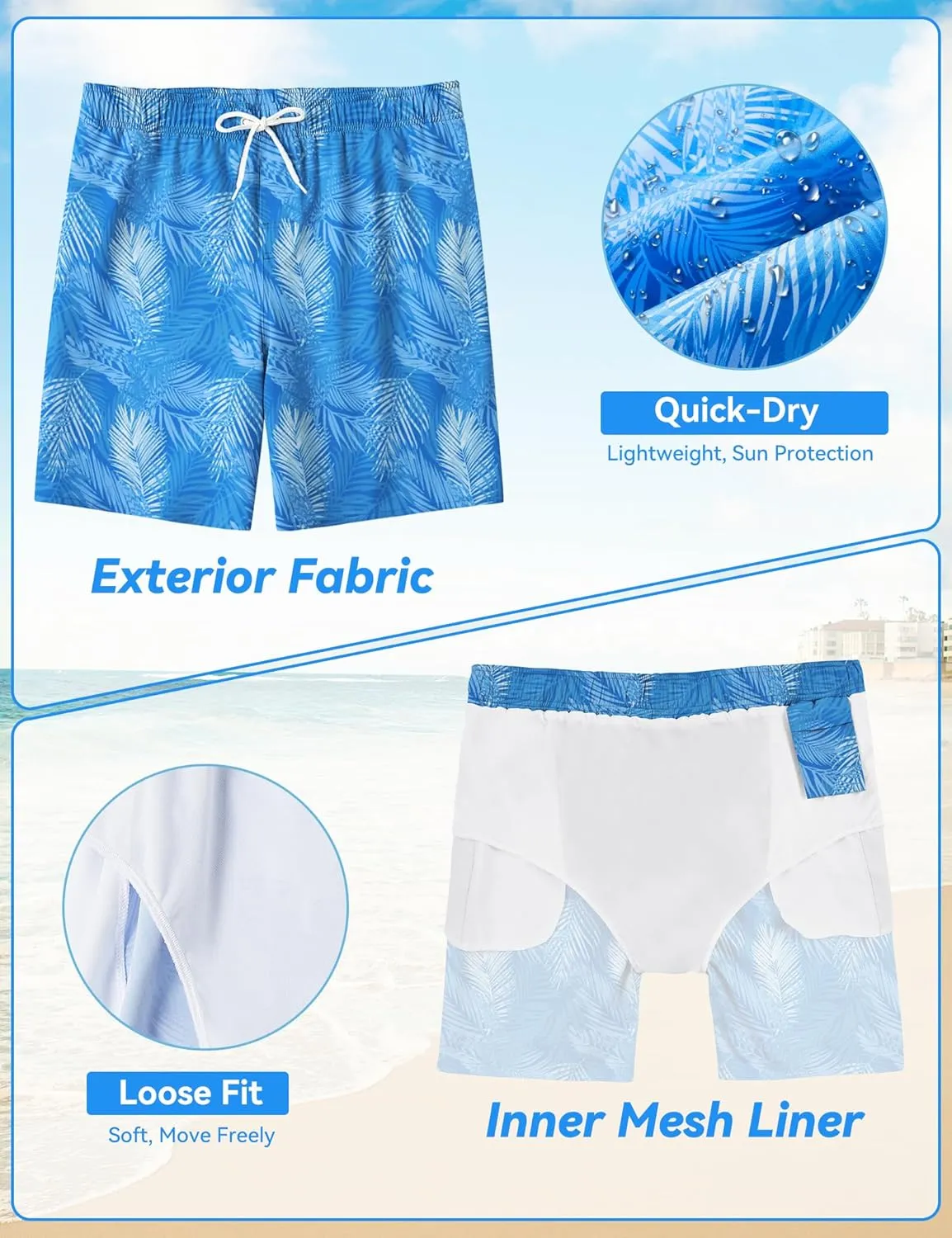 Mens Swim Trunks 8 inch Inseam Mesh Liner Quick-Dry Lightweight 4-Way Stretch Bathing Suit Swimming Trunks for Men UPF 50 