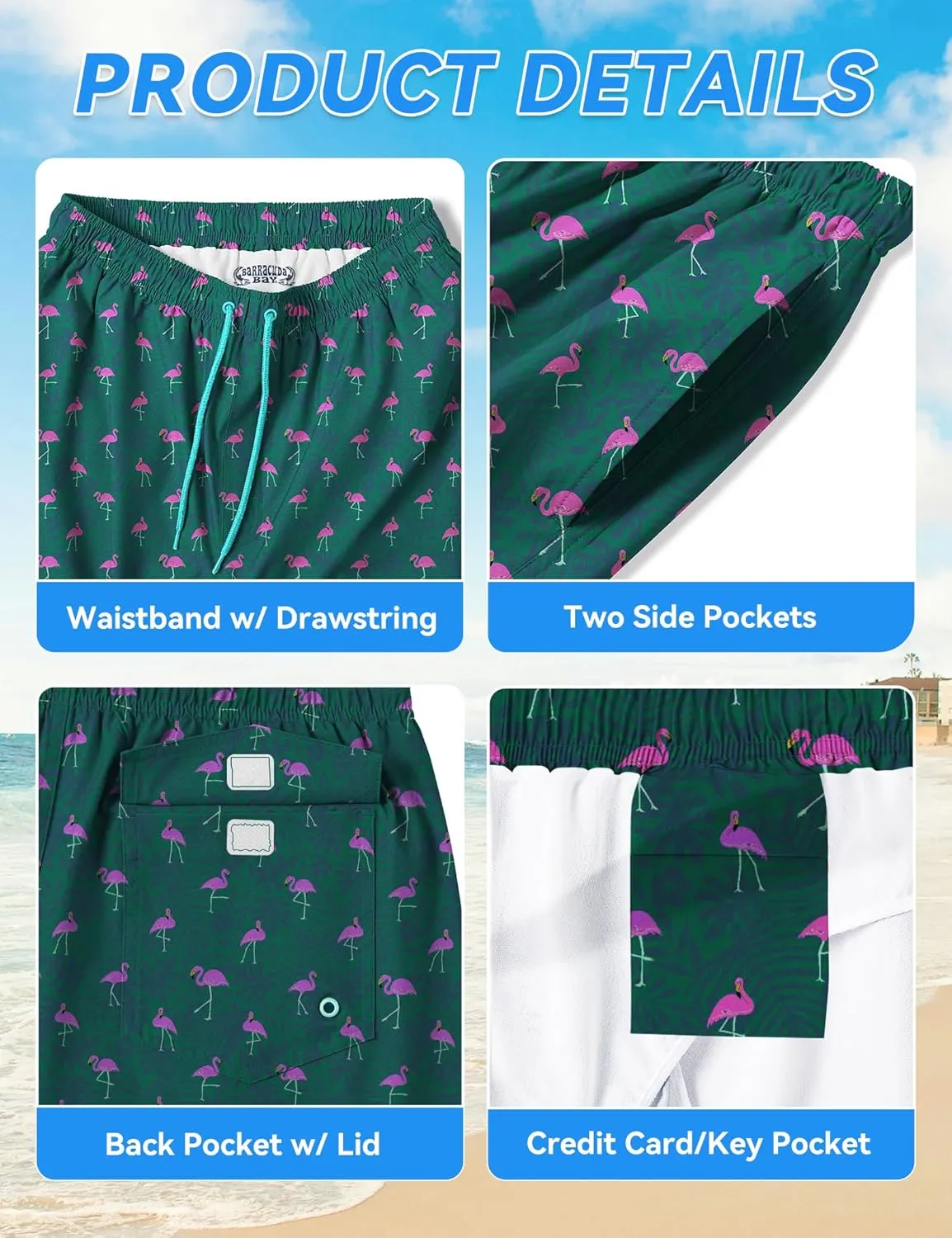 Mens Swim Trunks 8 inch Inseam Mesh Liner Quick-Dry Lightweight 4-Way Stretch Bathing Suit Swimming Trunks for Men UPF 50 